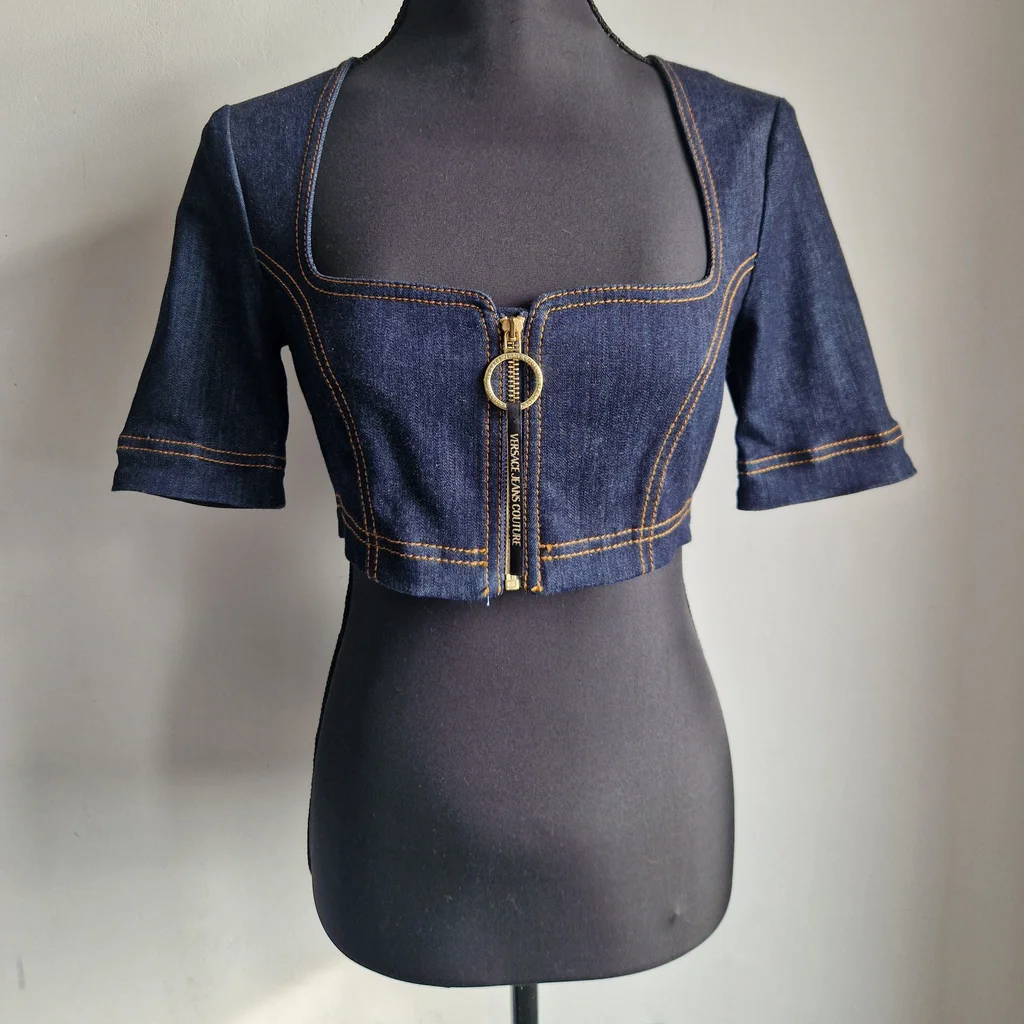 Top Versace Jeans Couture denim jean crop top bustier zip sexy designer luxe Y2K Certilogo verified